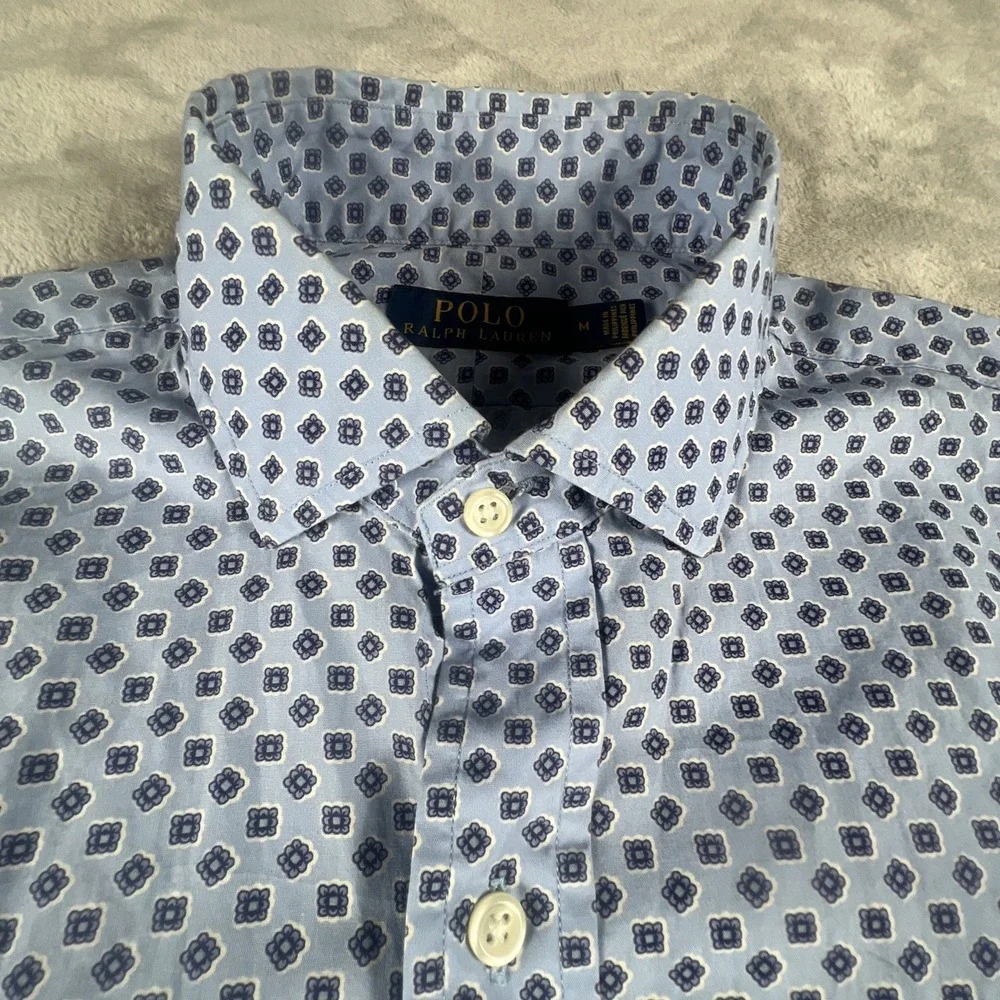 Polo Ralph Lauren Shirt Mens Medium Blue Geometric AOP Classic Stretch Button Up